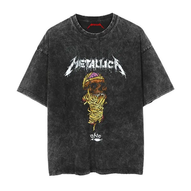 2026 Summer Rock Band Tee Casual Distressed Metallica The Metal Gods Black Album Vintage Washed Cotton T Shirt for Men