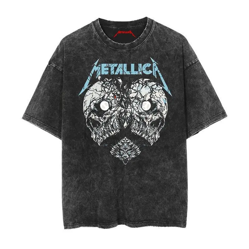 2026 Summer Rock Band Tee Casual Distressed Metallica The Metal Gods Black Album Vintage Washed Cotton T Shirt for Men