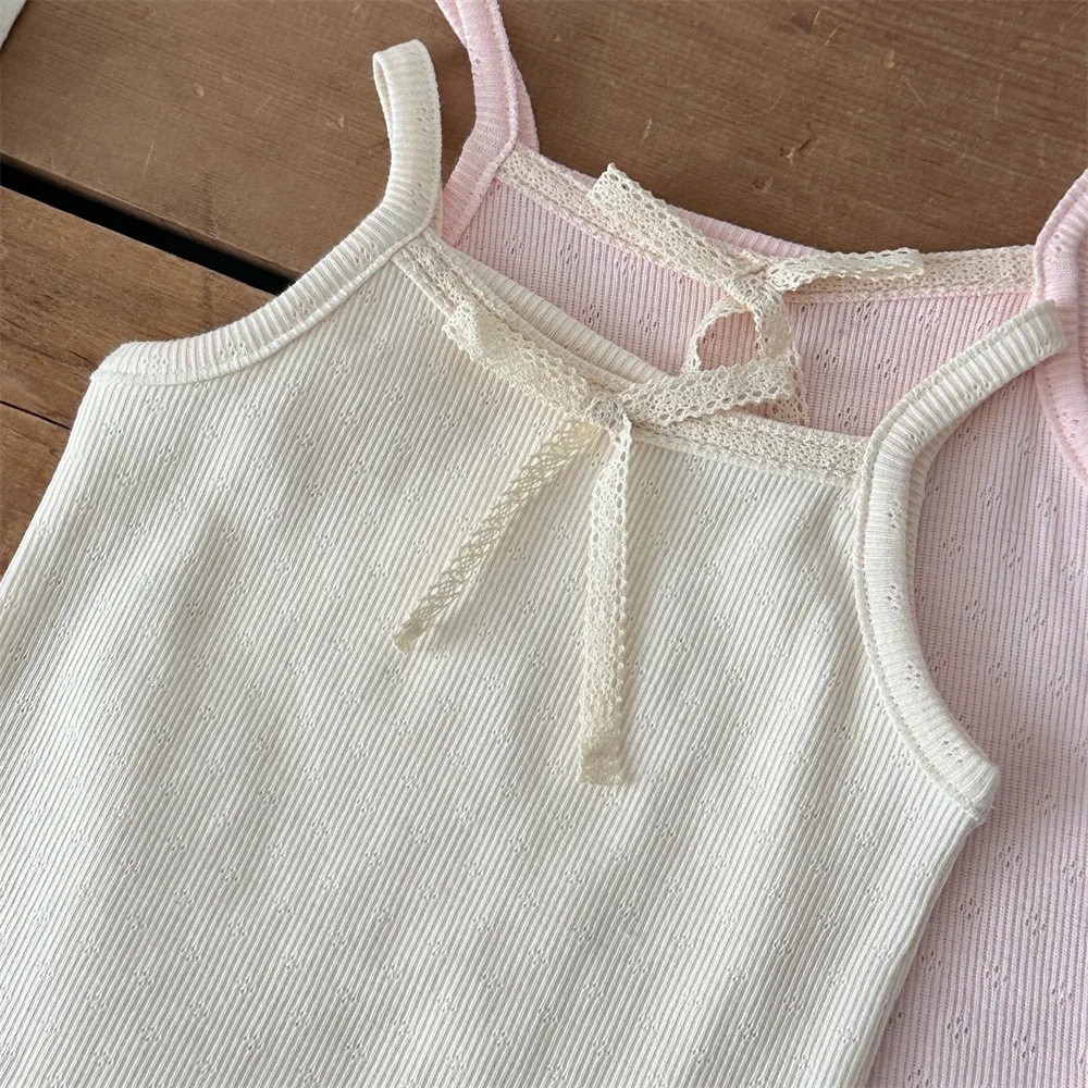 Summer Cute Baby Thin Sleeveless T-shirt Delicate Lace Bow Camisole Top For Girls Breathable Cotton Clothes