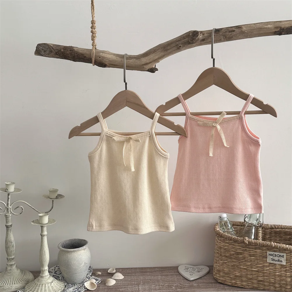 Summer Cute Baby Thin Sleeveless T-shirt Delicate Lace Bow Camisole Top For Girls Breathable Cotton Clothes