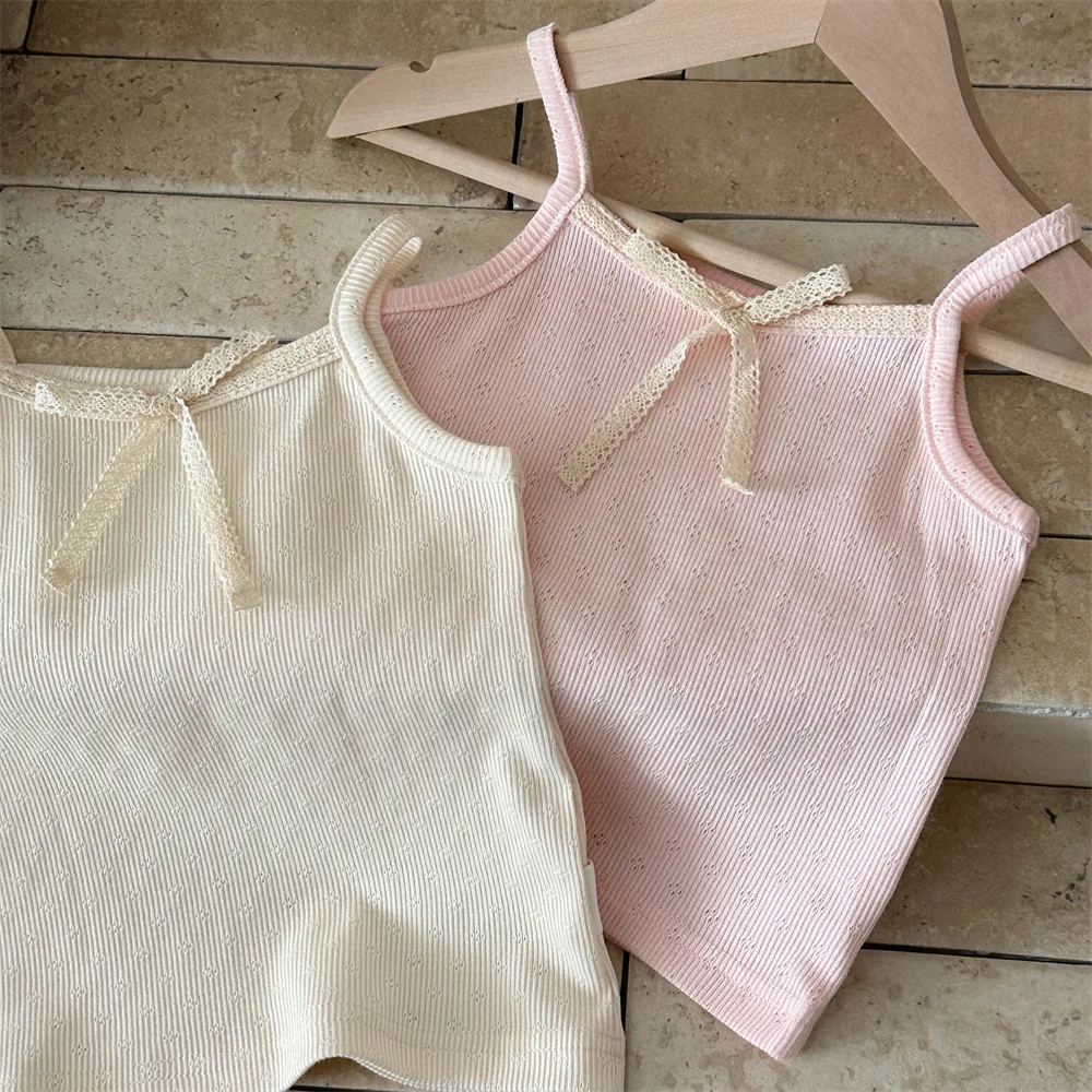 Summer Cute Baby Thin Sleeveless T-shirt Delicate Lace Bow Camisole Top For Girls Breathable Cotton Clothes