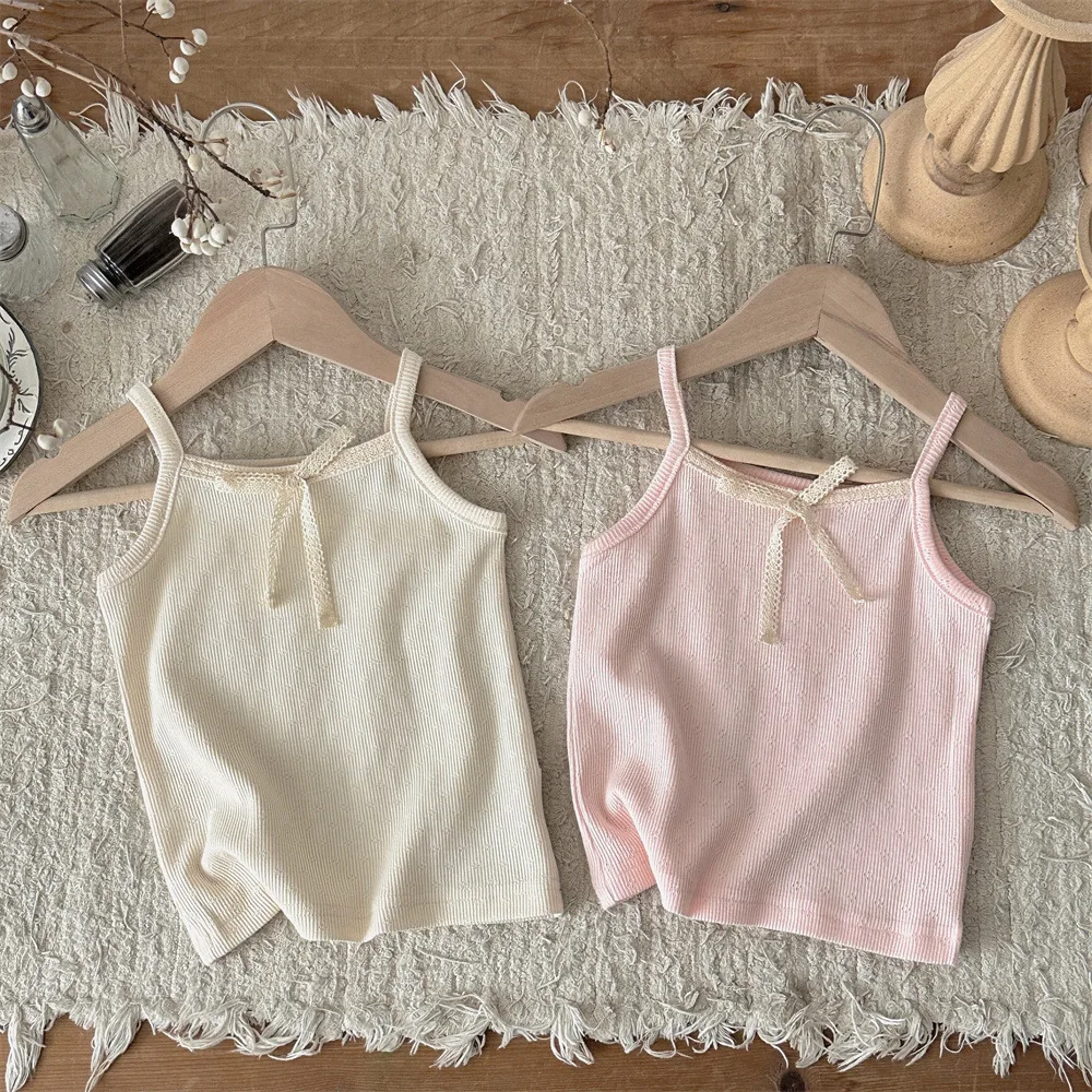 Summer Cute Baby Thin Sleeveless T-shirt Delicate Lace Bow Camisole Top For Girls Breathable Cotton Clothes