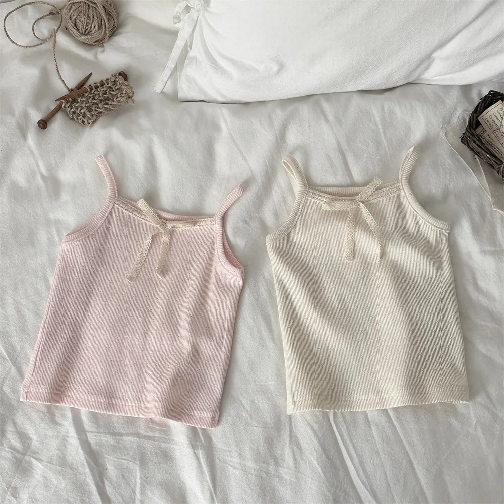 Summer Cute Baby Thin Sleeveless T-shirt Delicate Lace Bow Camisole Top For Girls Breathable Cotton Clothes
