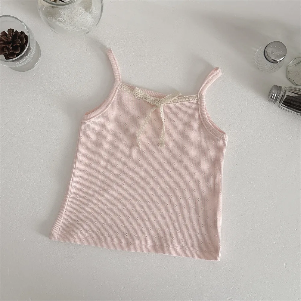 Summer Cute Baby Thin Sleeveless T-shirt Delicate Lace Bow Camisole Top For Girls Breathable Cotton Clothes