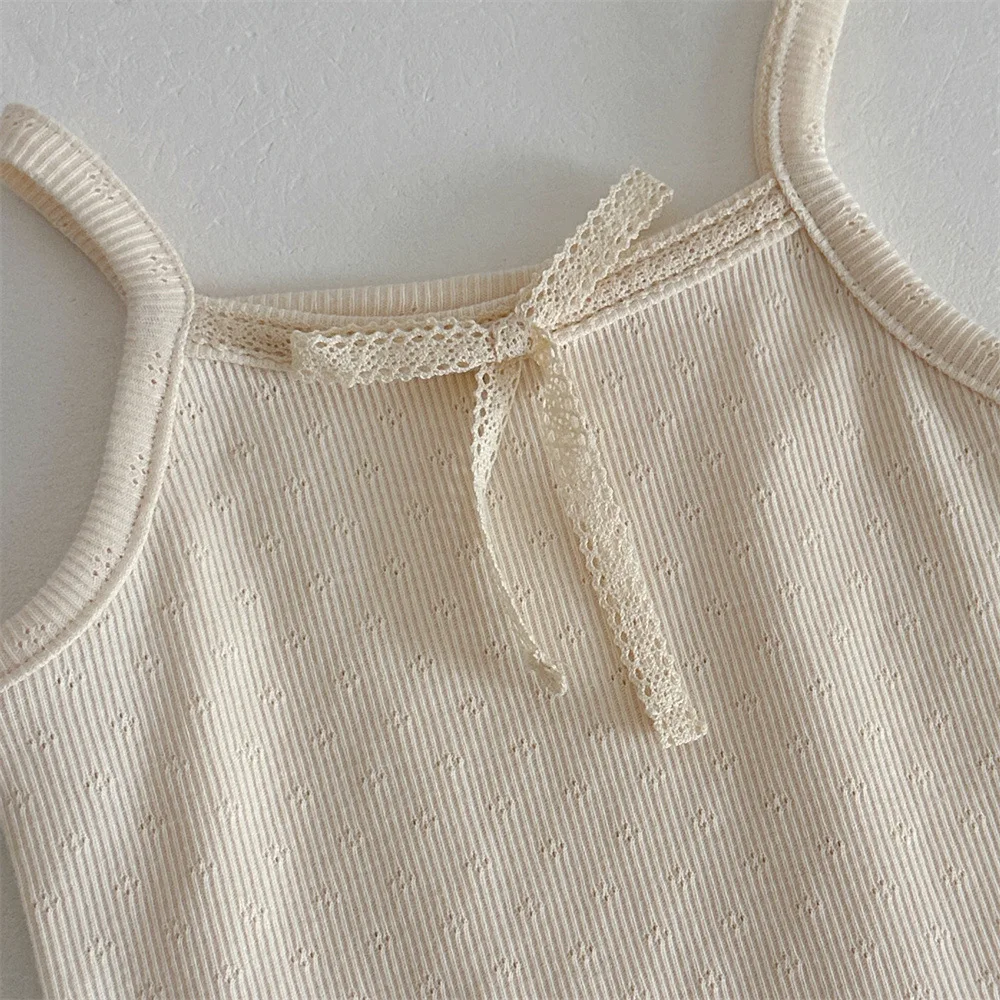 Summer Cute Baby Thin Sleeveless T-shirt Delicate Lace Bow Camisole Top For Girls Breathable Cotton Clothes