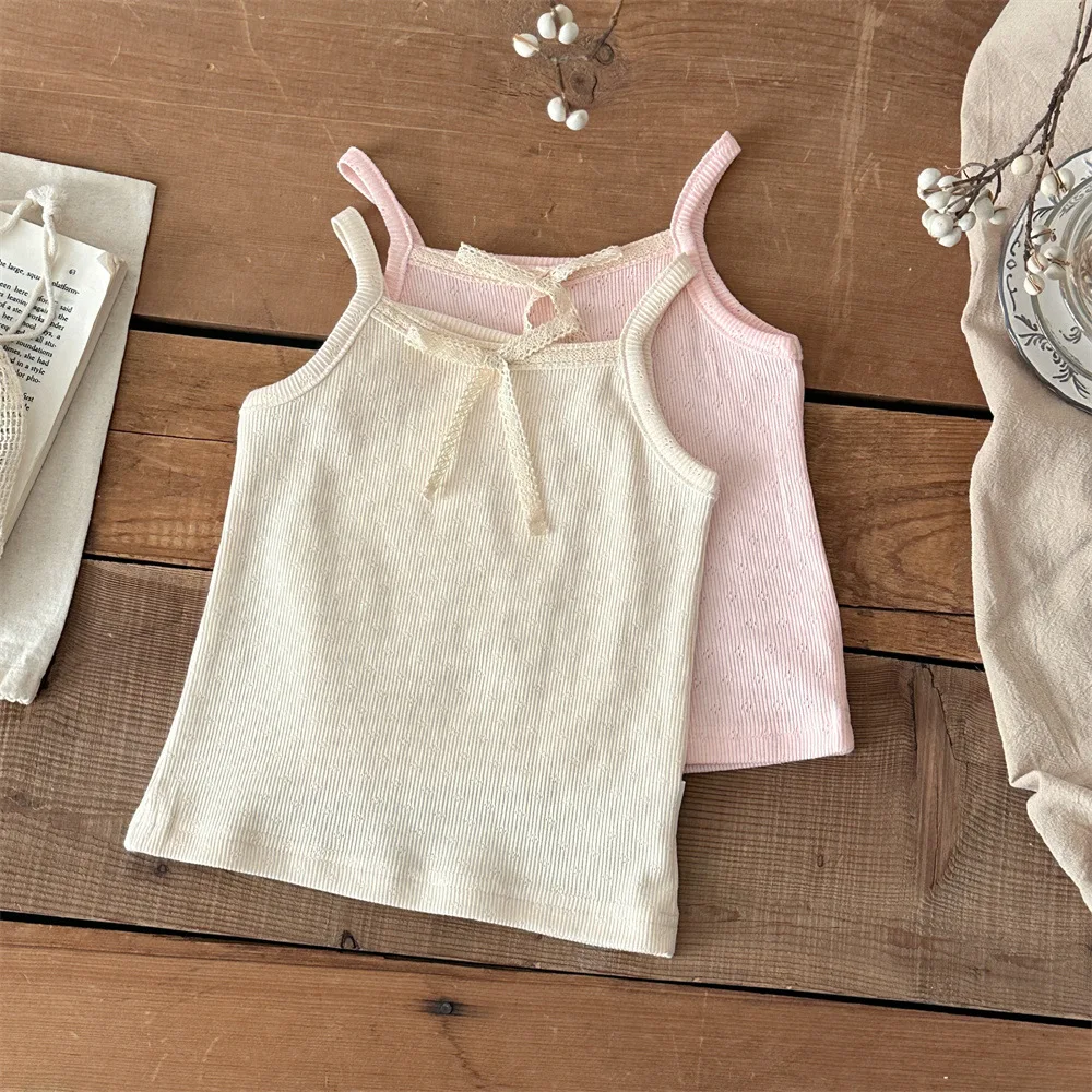 Summer Cute Baby Thin Sleeveless T-shirt Delicate Lace Bow Camisole Top For Girls Breathable Cotton Clothes