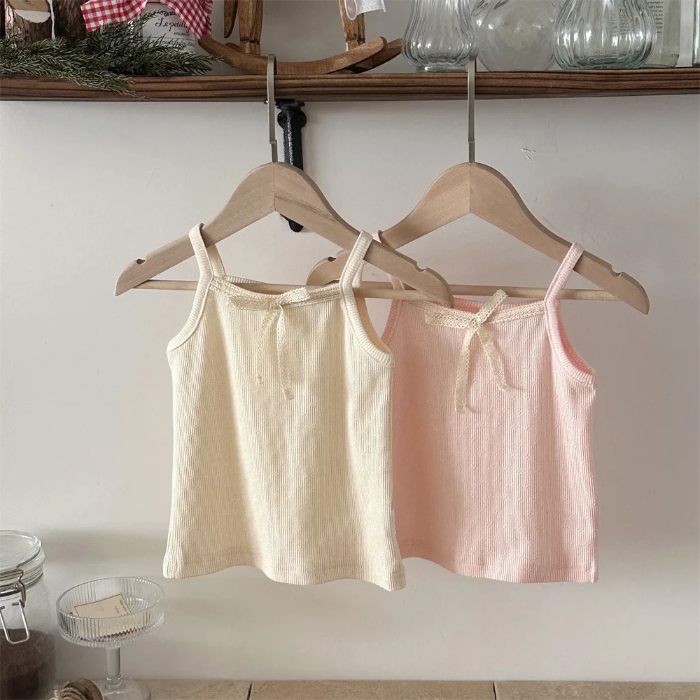 Summer Cute Baby Thin Sleeveless T-shirt Delicate Lace Bow Camisole Top For Girls Breathable Cotton Clothes