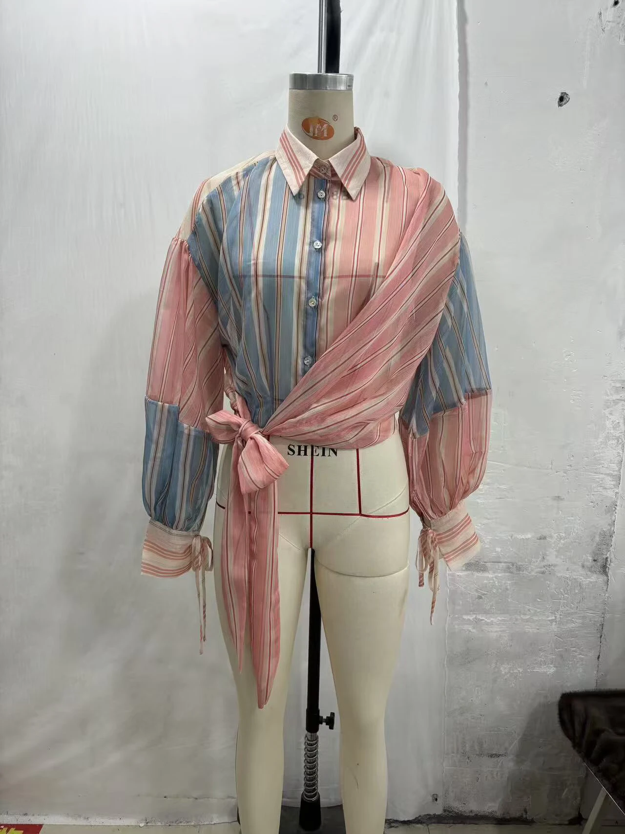2026 Summer New Women's Simple and Casual Loose Top Micro Transparent Color blocked Stripe Splicing Bow Tie up Shirt