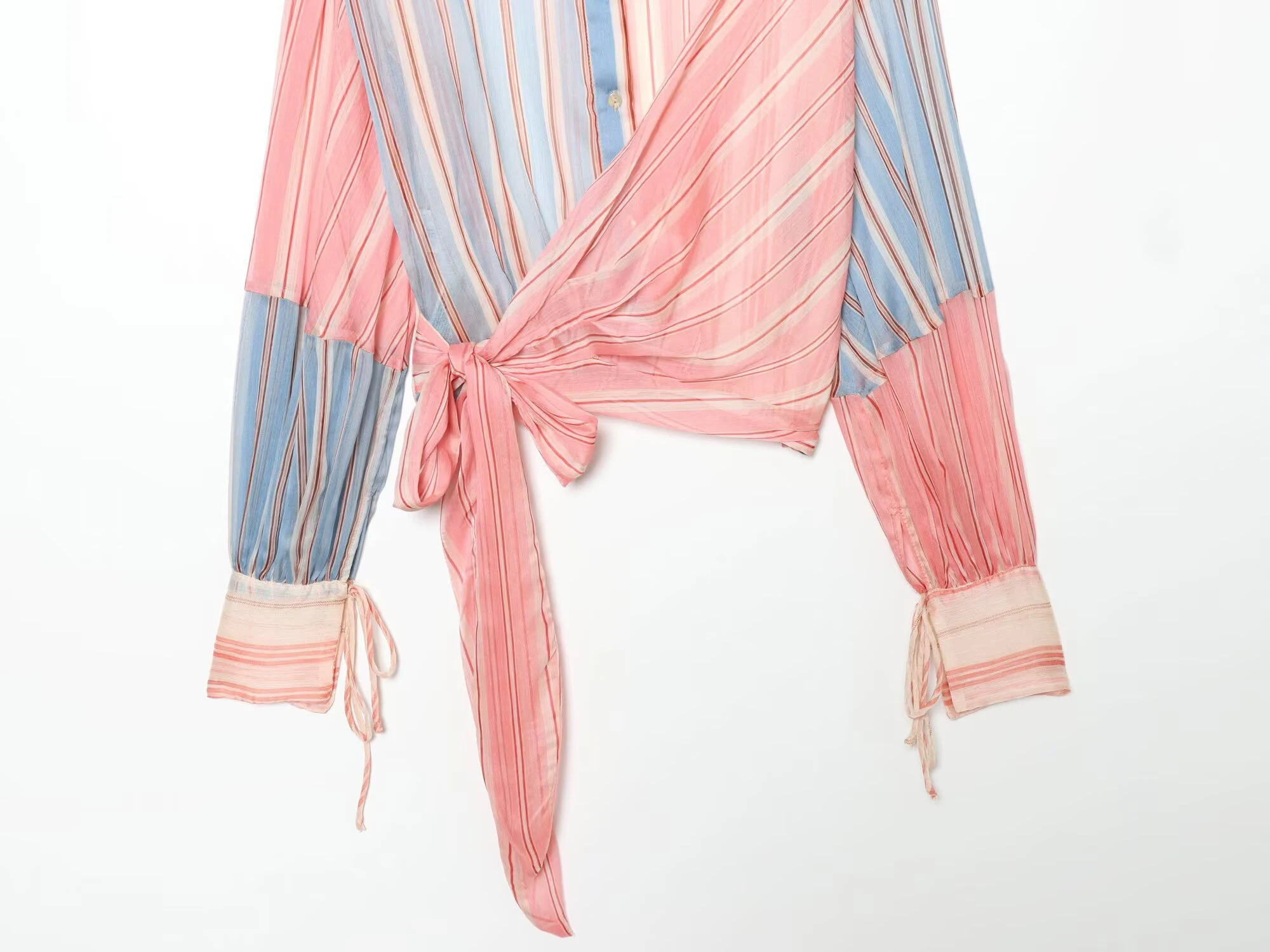 2026 Summer New Women's Simple and Casual Loose Top Micro Transparent Color blocked Stripe Splicing Bow Tie up Shirt