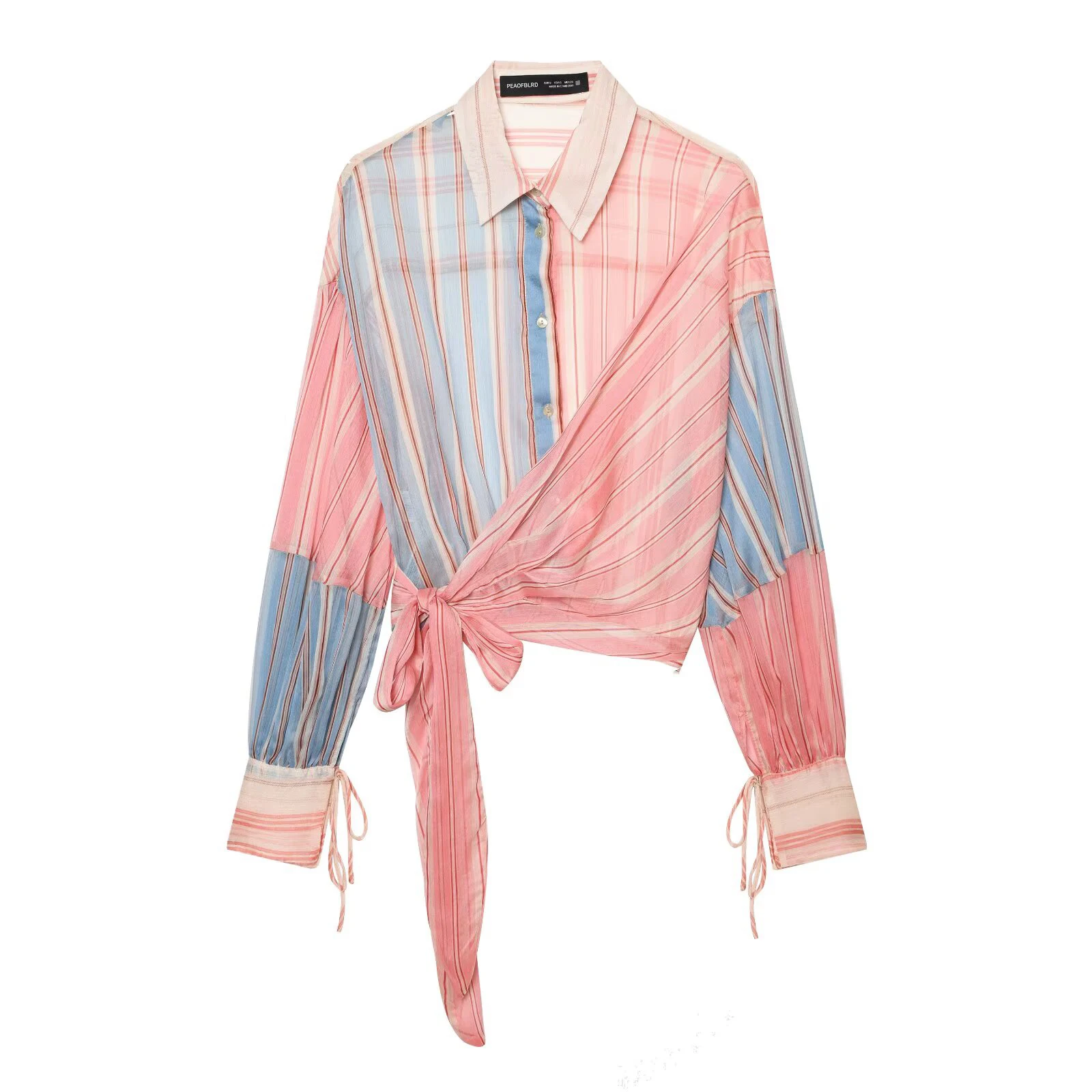 2026 Summer New Women's Simple and Casual Loose Top Micro Transparent Color blocked Stripe Splicing Bow Tie up Shirt
