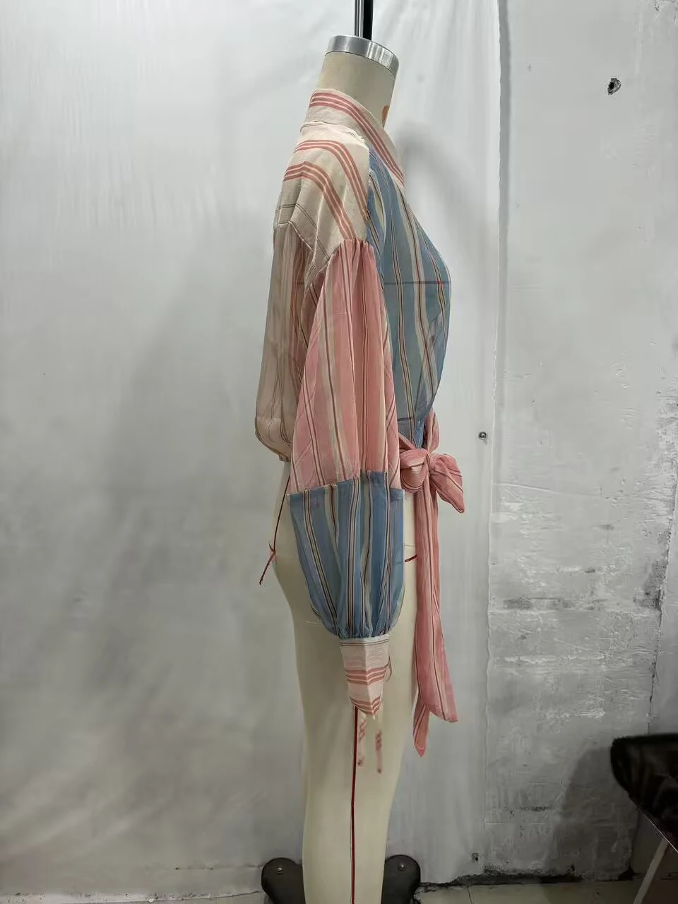 2026 Summer New Women's Simple and Casual Loose Top Micro Transparent Color blocked Stripe Splicing Bow Tie up Shirt
