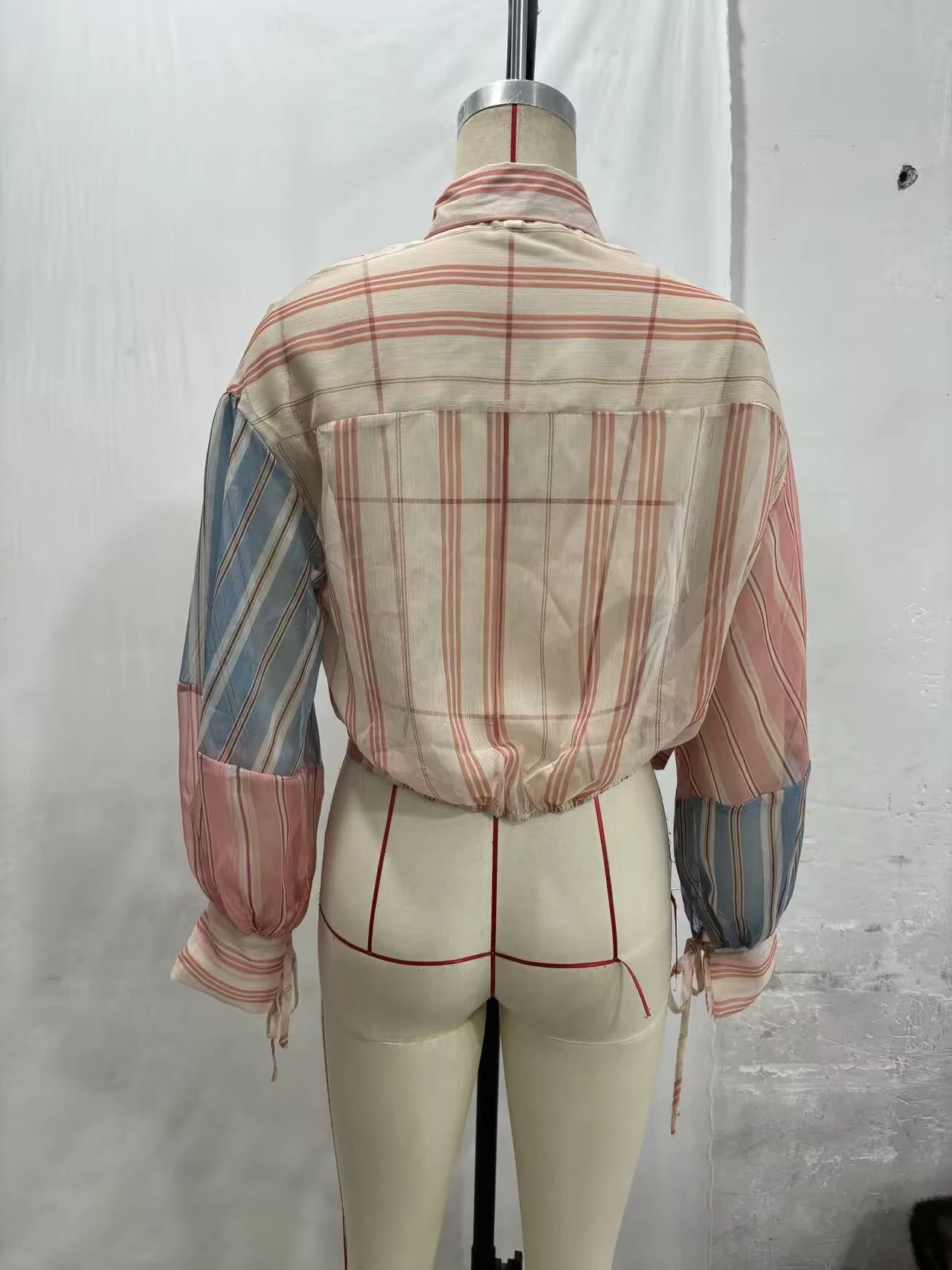 2026 Summer New Women's Simple and Casual Loose Top Micro Transparent Color blocked Stripe Splicing Bow Tie up Shirt