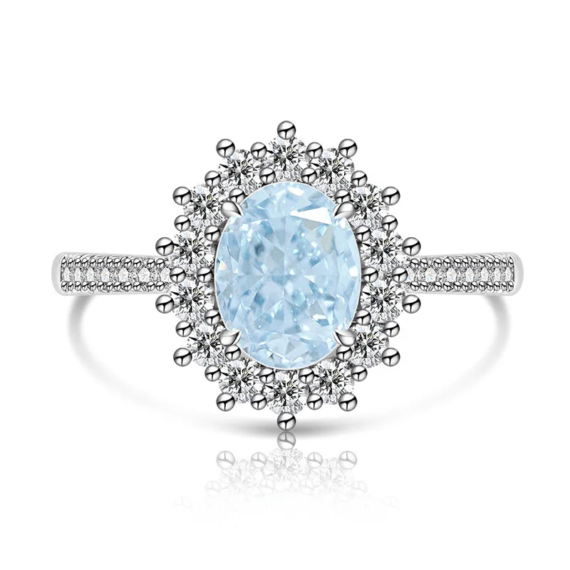 925 Sterling Silver Fashion Light Luxury Ice Flower Cut Pigeon Egg Sunflower Crystal Zircon Ring Women's Jewelry Gift