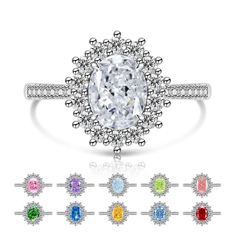 925 Sterling Silver Fashion Light Luxury Ice Flower Cut Pigeon Egg Sunflower Crystal Zircon Ring Women's Jewelry Gift