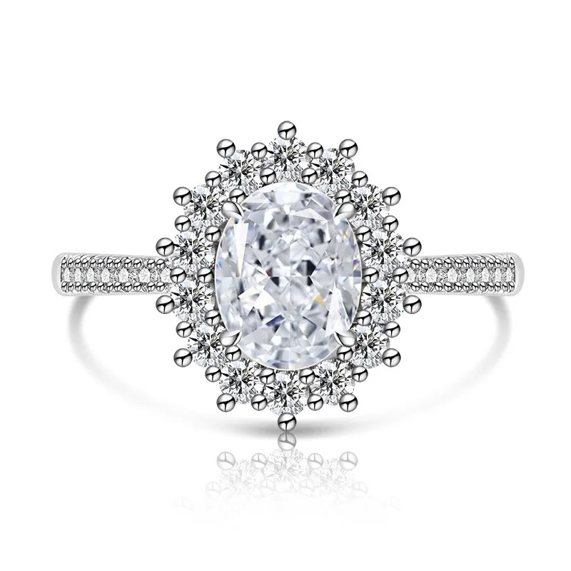 925 Sterling Silver Fashion Light Luxury Ice Flower Cut Pigeon Egg Sunflower Crystal Zircon Ring Women's Jewelry Gift