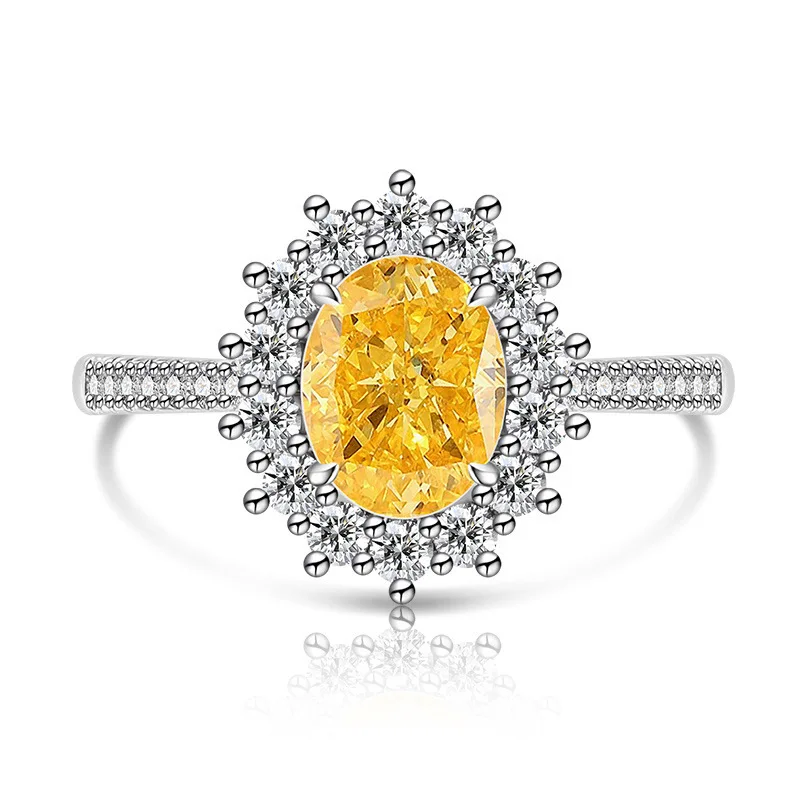 925 Sterling Silver Fashion Light Luxury Ice Flower Cut Pigeon Egg Sunflower Crystal Zircon Ring Women's Jewelry Gift