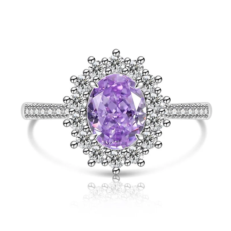 925 Sterling Silver Fashion Light Luxury Ice Flower Cut Pigeon Egg Sunflower Crystal Zircon Ring Women's Jewelry Gift
