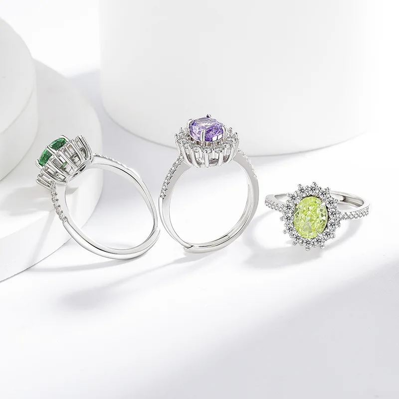 925 Sterling Silver Fashion Light Luxury Ice Flower Cut Pigeon Egg Sunflower Crystal Zircon Ring Women's Jewelry Gift