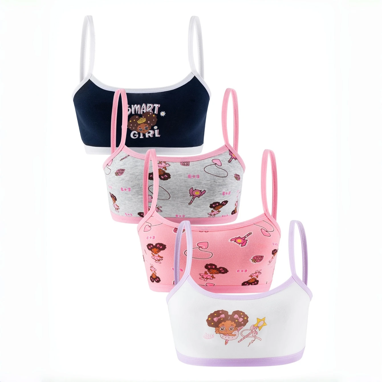 4 Pcs Girls' Training Bras, Girls' Underwear, Small Vests, Comfortable, Simple and Fashionable, Cartoon Print Color-Blo