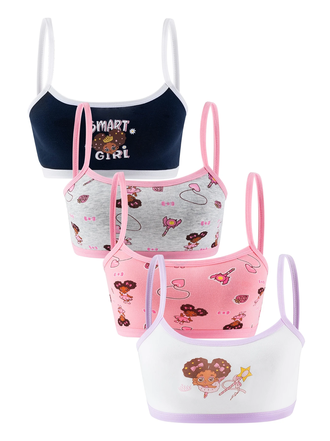 4 Pcs Girls' Training Bras, Girls' Underwear, Small Vests, Comfortable, Simple and Fashionable, Cartoon Print Color-Blo