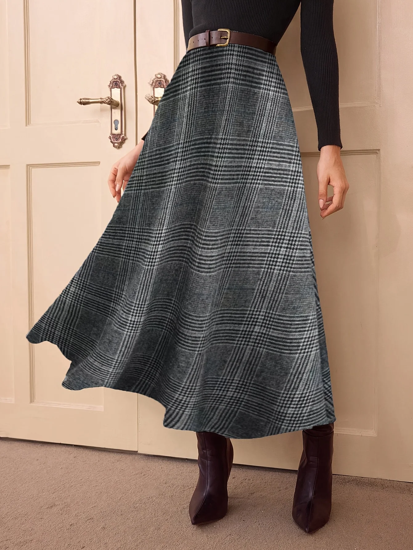 Vintage Clothing Female Plaid Maxi Skirt,Old Money Costume for Women High Waisted A Line Skirt for Autumn Winter Office Commute