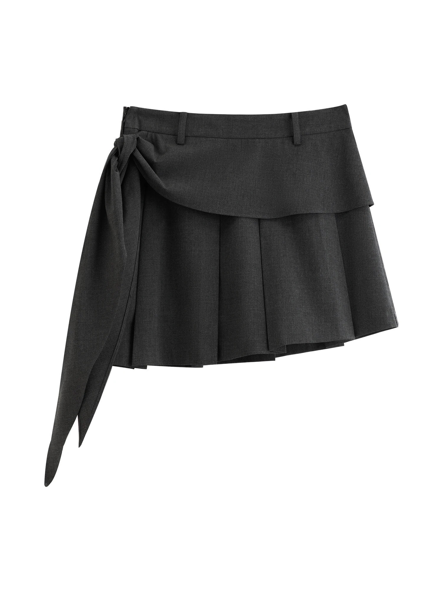 FSLE Low-waisted Preppy Style Pleated Skirt New Summer 2026 Style A-line Tie-up Design Gray Classic College Age-reducing