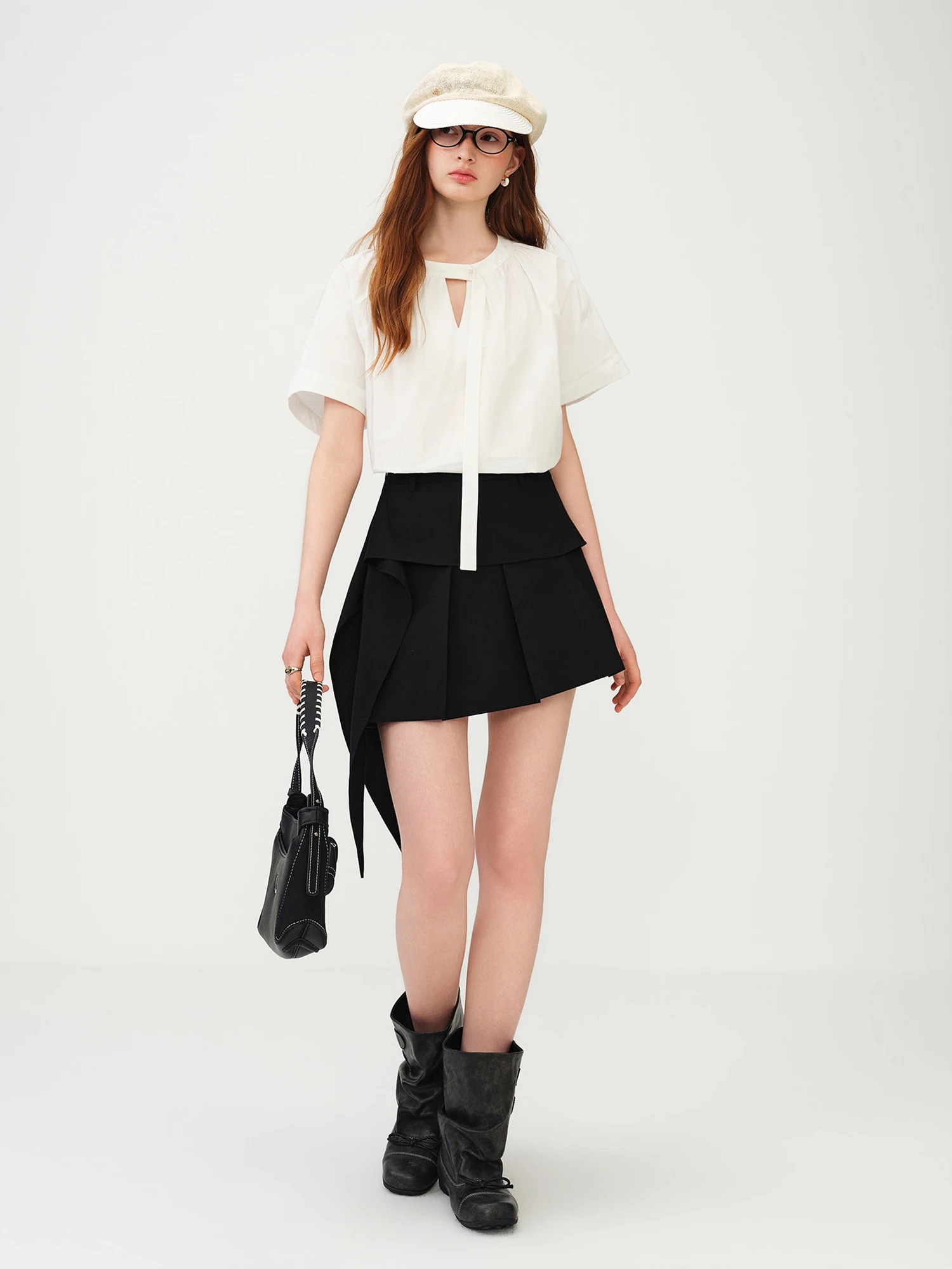 FSLE Low-waisted Preppy Style Pleated Skirt New Summer 2026 Style A-line Tie-up Design Gray Classic College Age-reducing