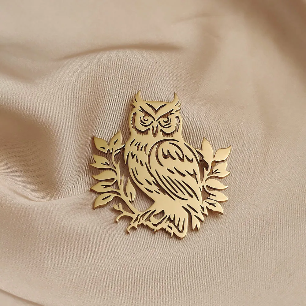 18K Gold Plated 316L Stainless Steel Owl with Leaves Silhouette Lapel Pin, Nature Brooch, Suit & Casual Accessory