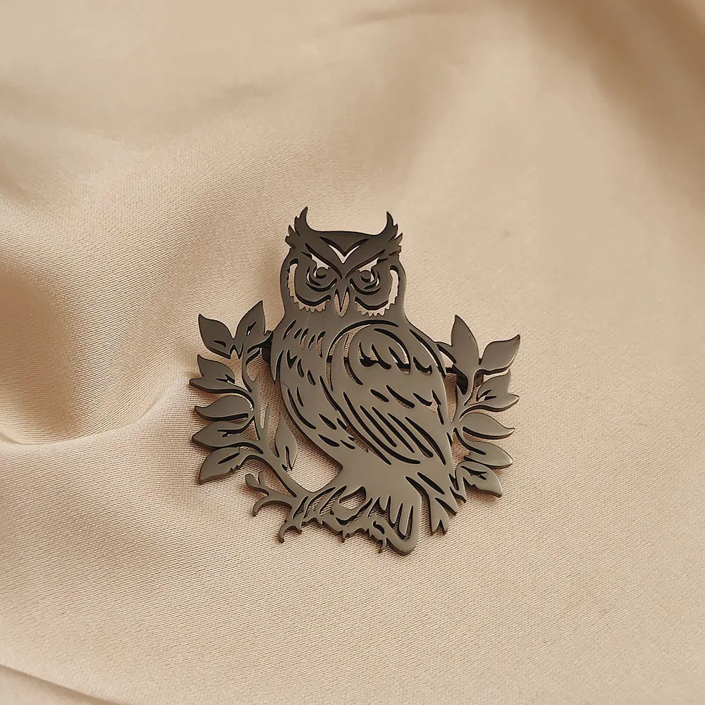 18K Gold Plated 316L Stainless Steel Owl with Leaves Silhouette Lapel Pin, Nature Brooch, Suit & Casual Accessory