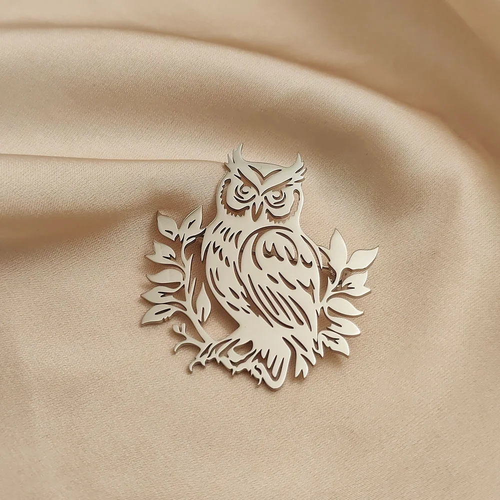 18K Gold Plated 316L Stainless Steel Owl with Leaves Silhouette Lapel Pin, Nature Brooch, Suit & Casual Accessory