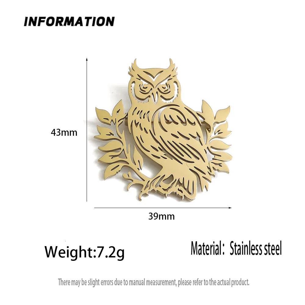 18K Gold Plated 316L Stainless Steel Owl with Leaves Silhouette Lapel Pin, Nature Brooch, Suit & Casual Accessory