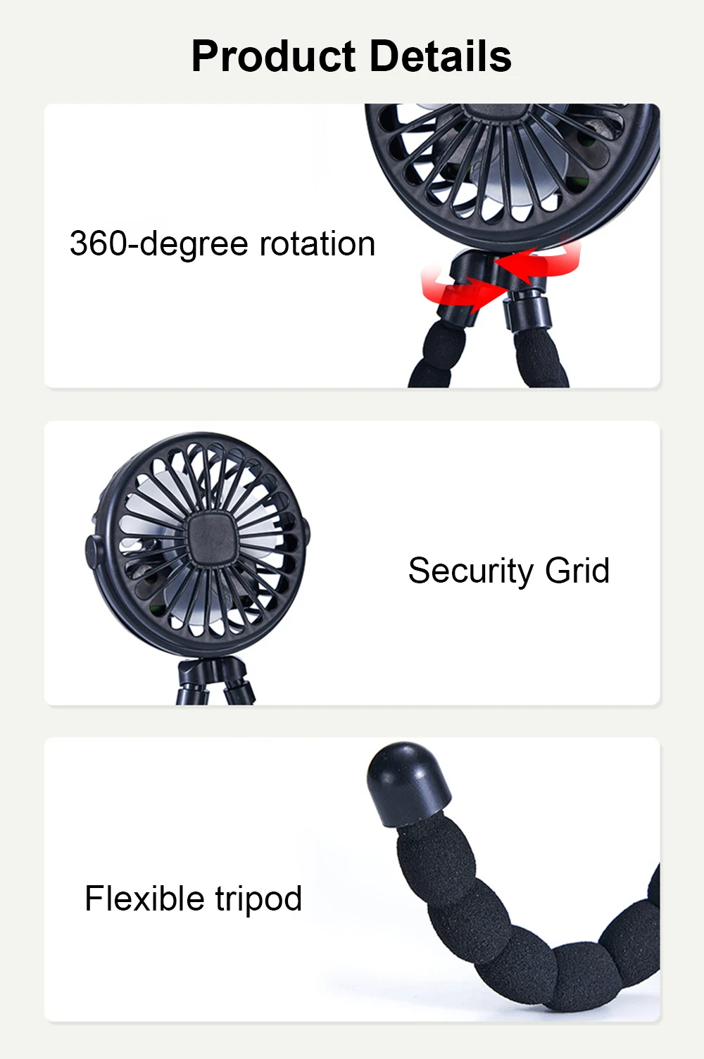 Baby Stroller Fan Folding Portable Octopus Mini Fan USB Rechargeable 3 Speed HandHeld Small Fan Flexible Tripod for Baby Outdoor