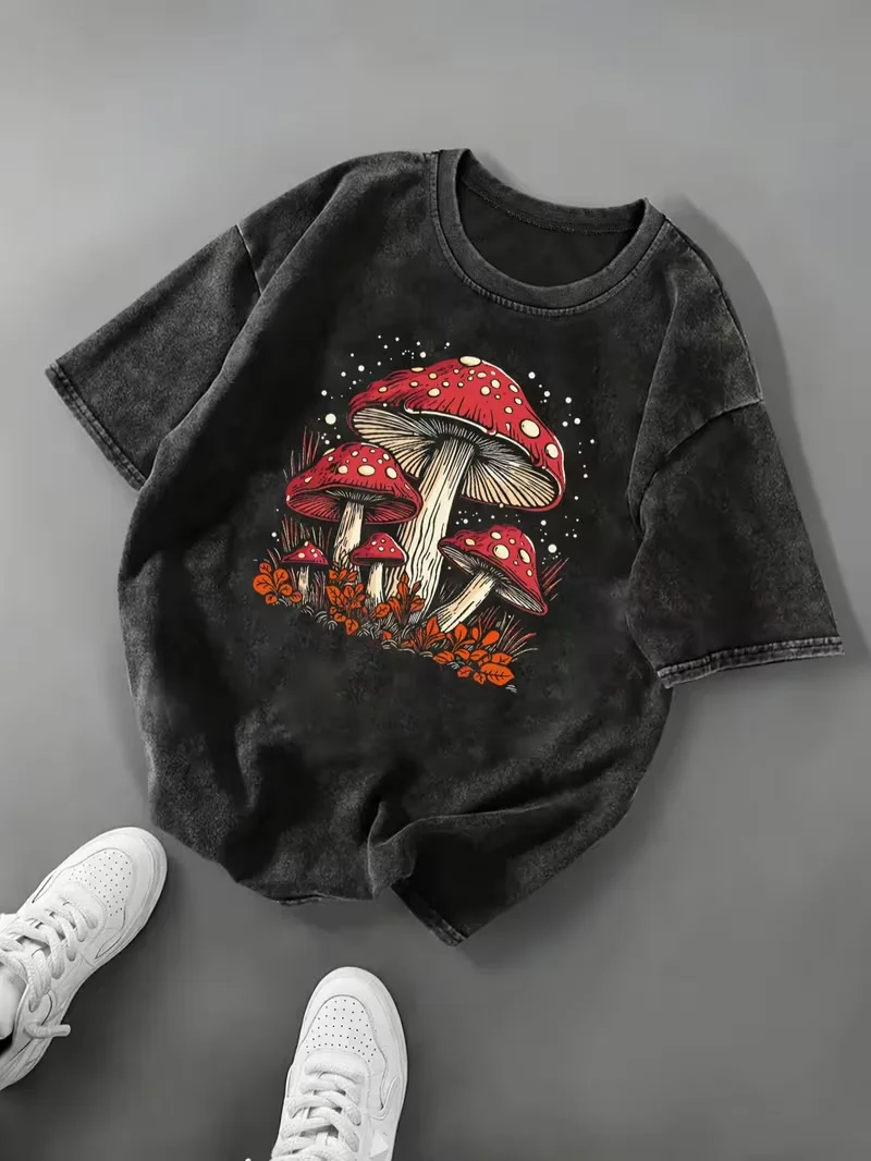 Psychedelic Eye Mushroom Print T-Shirt Unisex Washed Black Oversized Tee Y2K Streetwear Shirt for Edgy Grunge Aesthetic