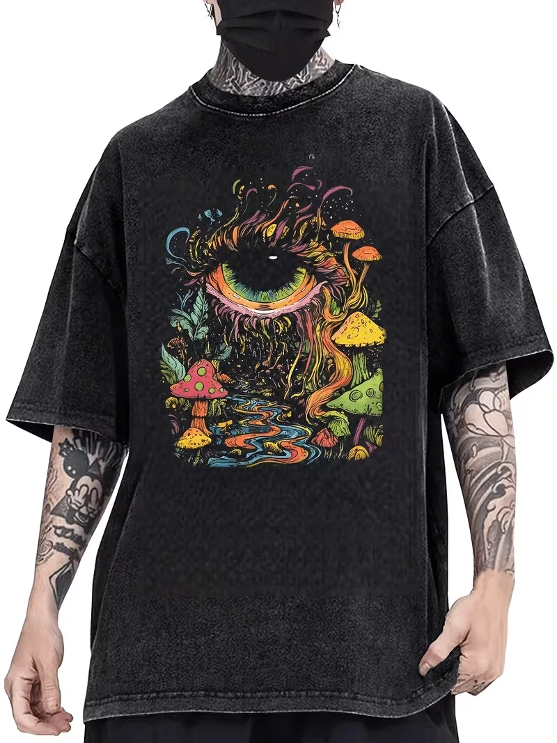 Psychedelic Eye Mushroom Print T-Shirt Unisex Washed Black Oversized Tee Y2K Streetwear Shirt for Edgy Grunge Aesthetic