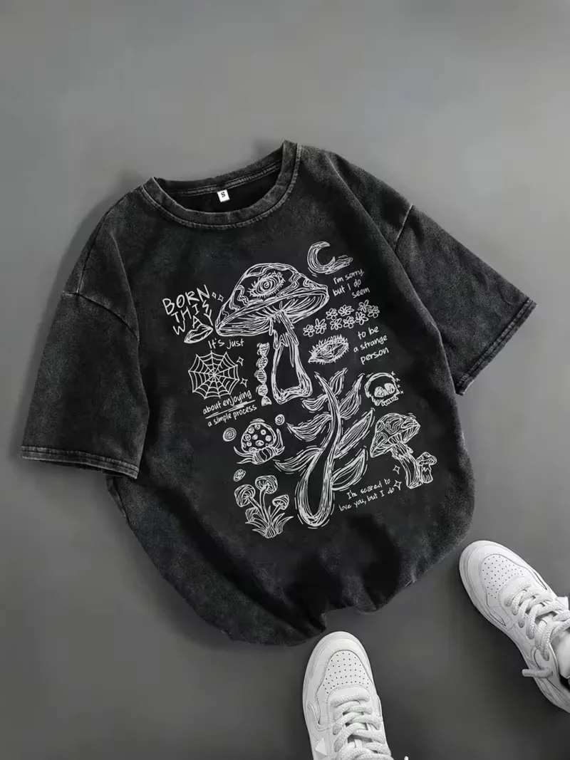 Psychedelic Eye Mushroom Print T-Shirt Unisex Washed Black Oversized Tee Y2K Streetwear Shirt for Edgy Grunge Aesthetic