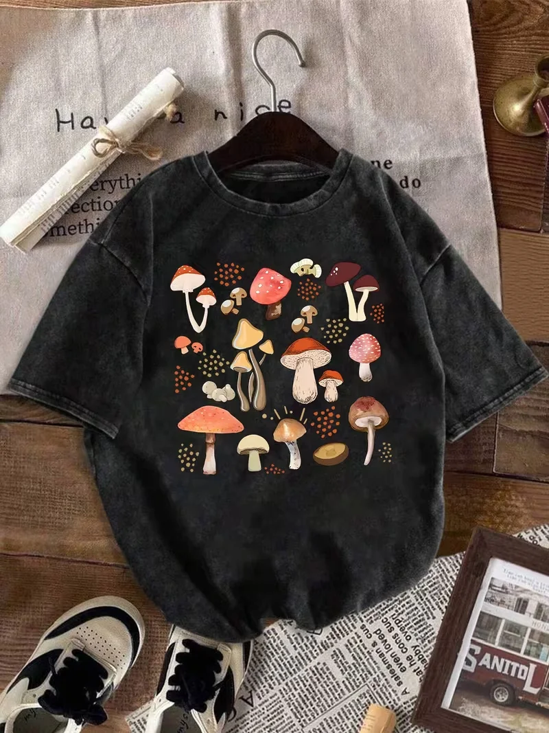 Psychedelic Eye Mushroom Print T-Shirt Unisex Washed Black Oversized Tee Y2K Streetwear Shirt for Edgy Grunge Aesthetic