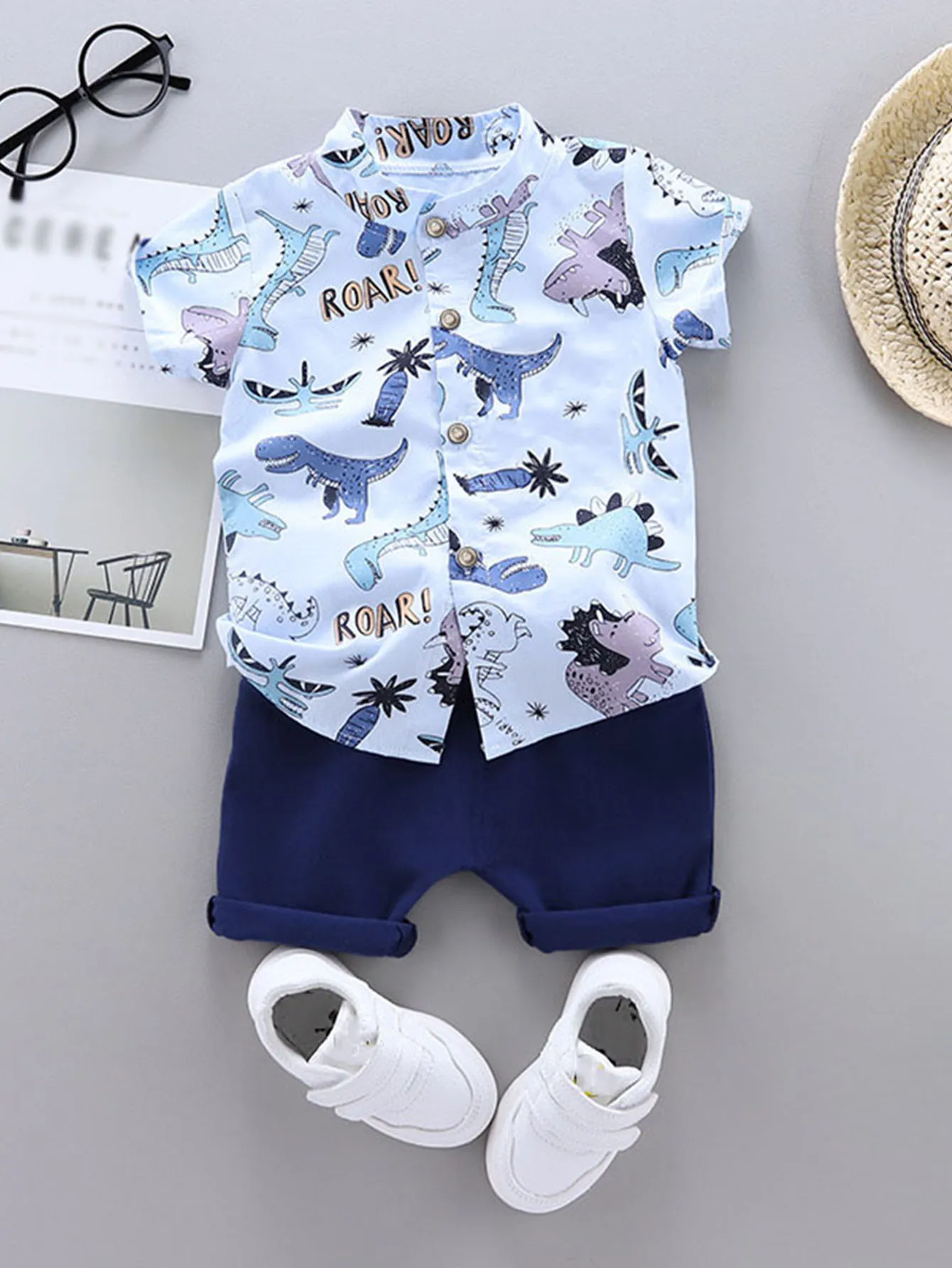 2PCS Baby Toddler Summer Outfit Set Cartoon Spotted Dinosaur Print Stand up Collar Short Sleeved Shirt And Shorts for Kids