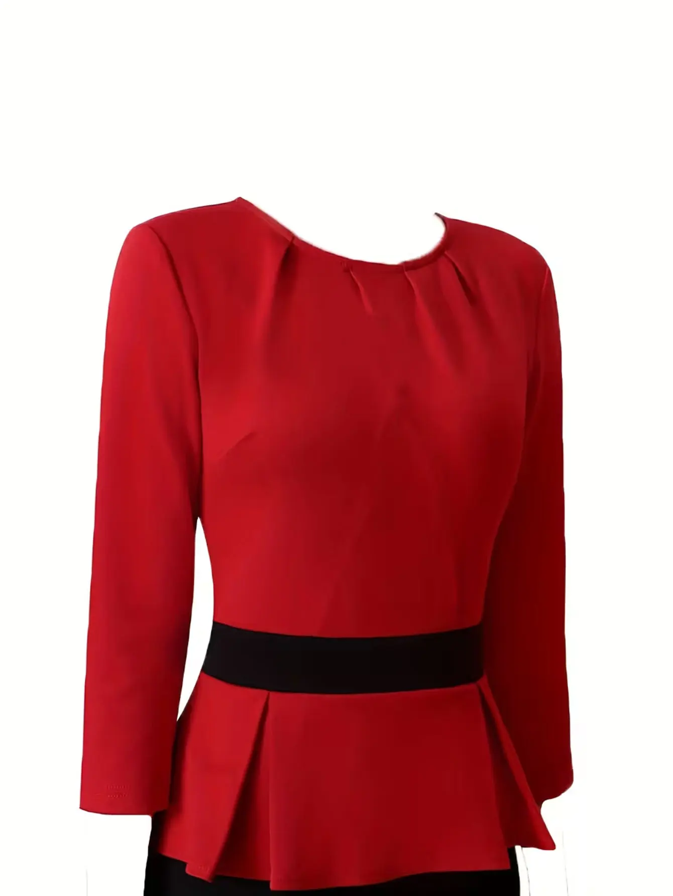 Women Elegan 3/4 Sleeve Round Neck Color Block Knee Length Cocktail Party Work Business Pleated Waistband Slim Pencil Dress
