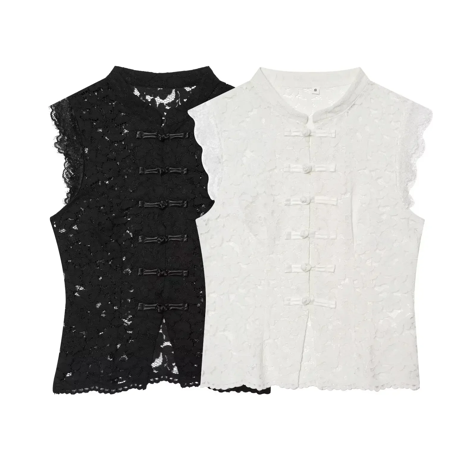 BSAY Women's Clothing Fashion Chinese Style White Vest Summer New Stand Up Collar Hollow Lace Sleeveless Chic Female Tank Top