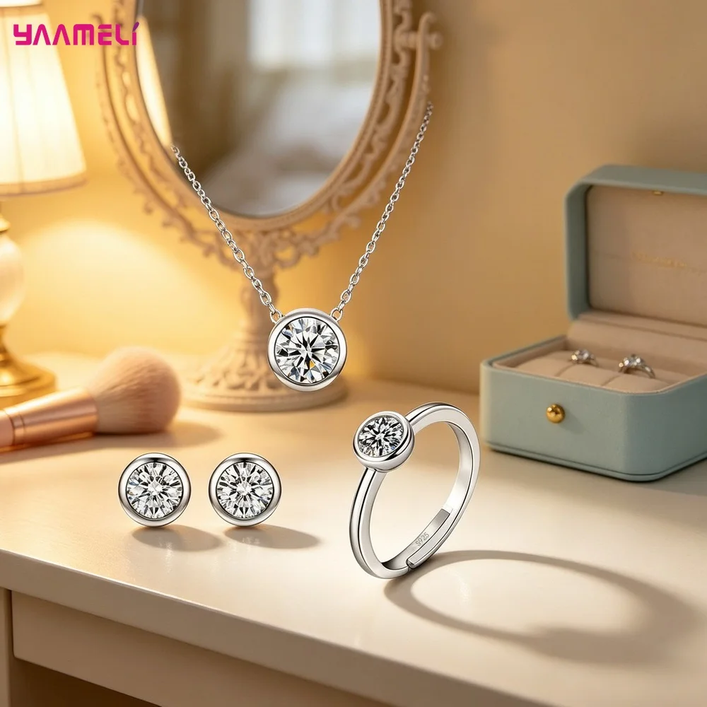 100% Pure S925 Silver Round Cubic Zircon Pendant Necklace Earrings Ring Jewelry Sets for Woman Wedding Engagement
