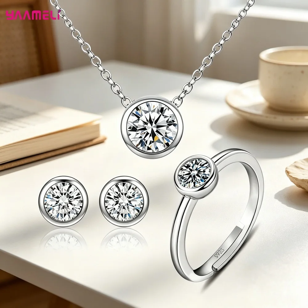 100% Pure S925 Silver Round Cubic Zircon Pendant Necklace Earrings Ring Jewelry Sets for Woman Wedding Engagement