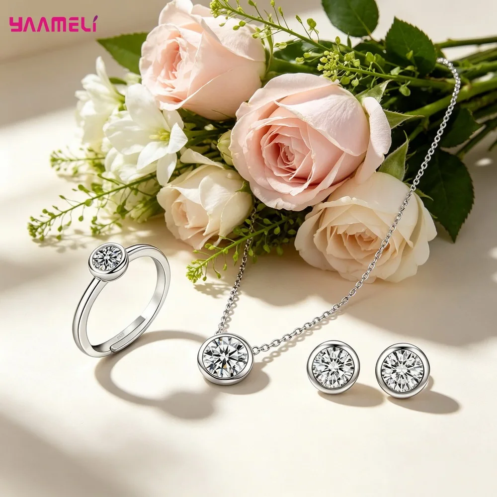 100% Pure S925 Silver Round Cubic Zircon Pendant Necklace Earrings Ring Jewelry Sets for Woman Wedding Engagement