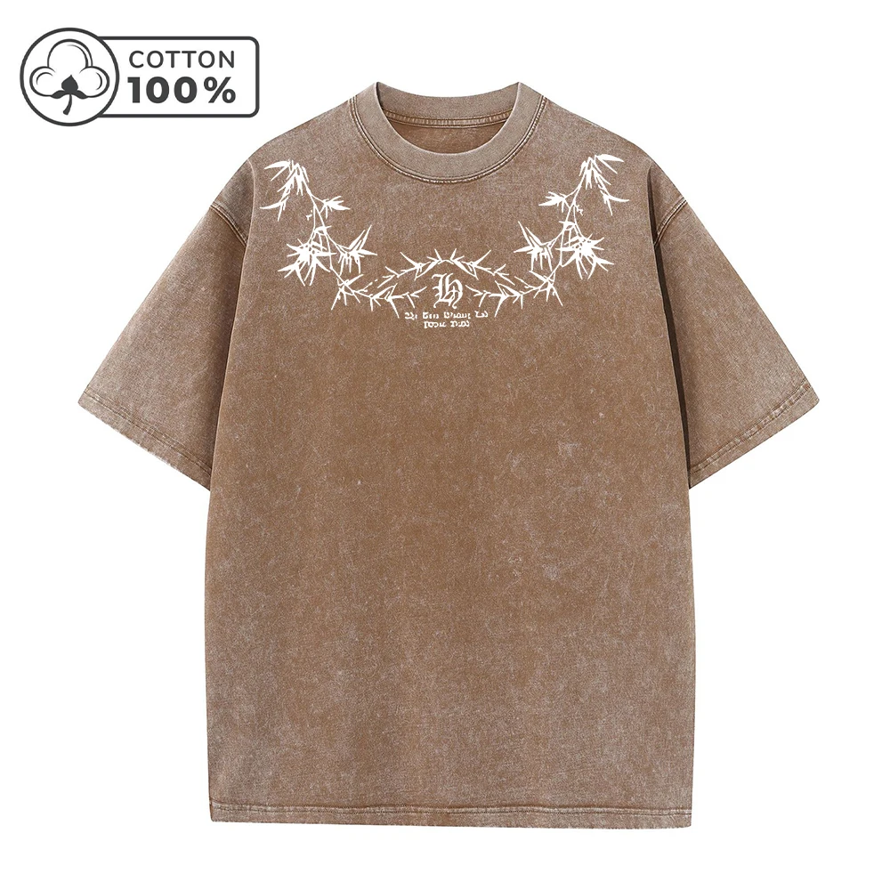 Men's Street Style Washed T-Shirt With Unique Bamboo Leaf Print Retro Pure Cotton Short Sleeve Top Casual Daily Commute