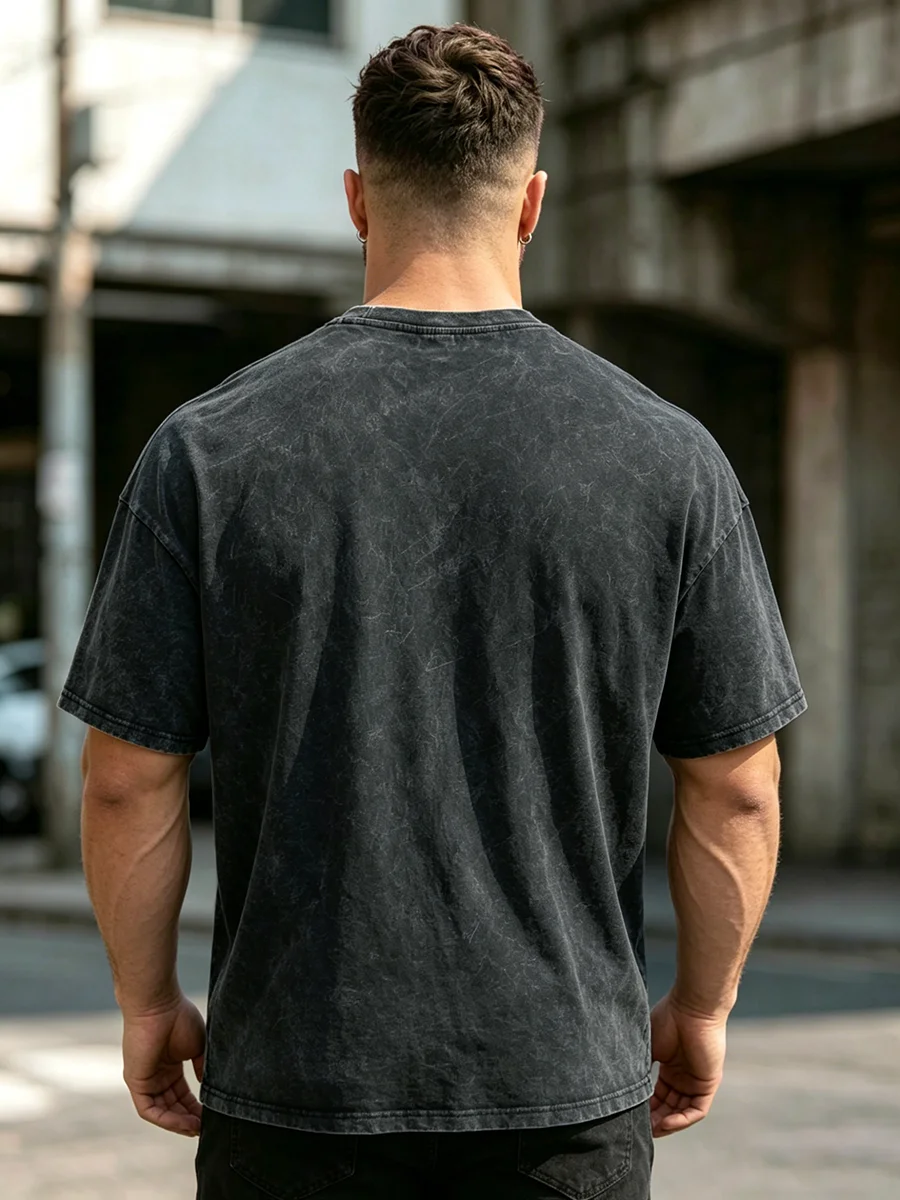 Men's Street Style Washed T-Shirt With Unique Bamboo Leaf Print Retro Pure Cotton Short Sleeve Top Casual Daily Commute