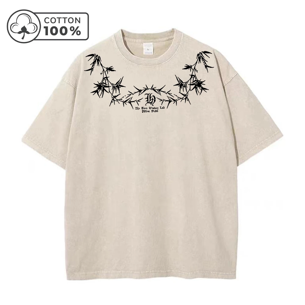 Men's Street Style Washed T-Shirt With Unique Bamboo Leaf Print Retro Pure Cotton Short Sleeve Top Casual Daily Commute