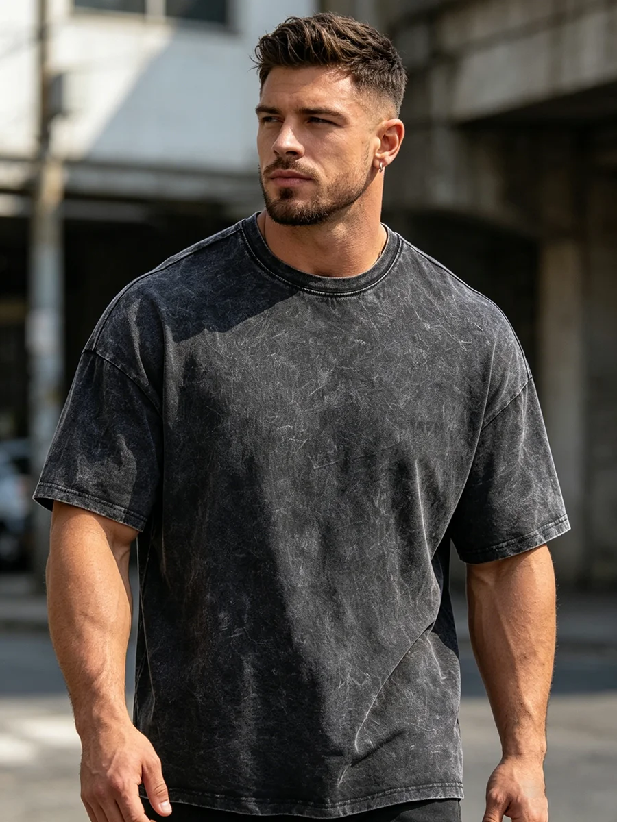 Men's Street Style Washed T-Shirt With Unique Bamboo Leaf Print Retro Pure Cotton Short Sleeve Top Casual Daily Commute