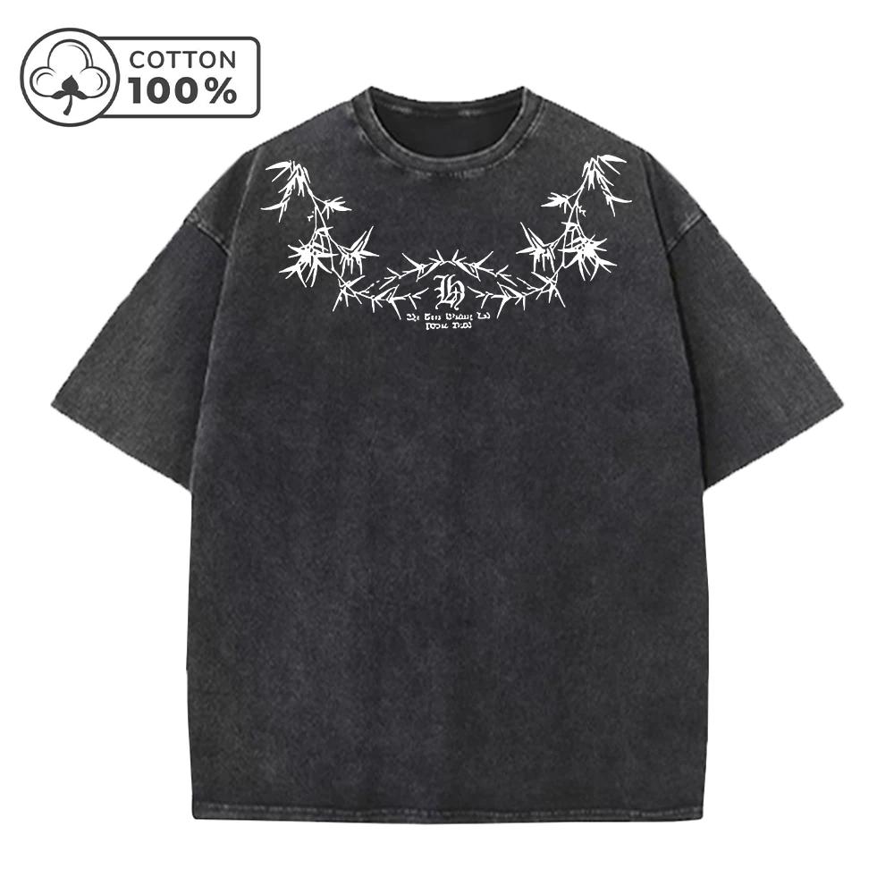 Men's Street Style Washed T-Shirt With Unique Bamboo Leaf Print Retro Pure Cotton Short Sleeve Top Casual Daily Commute