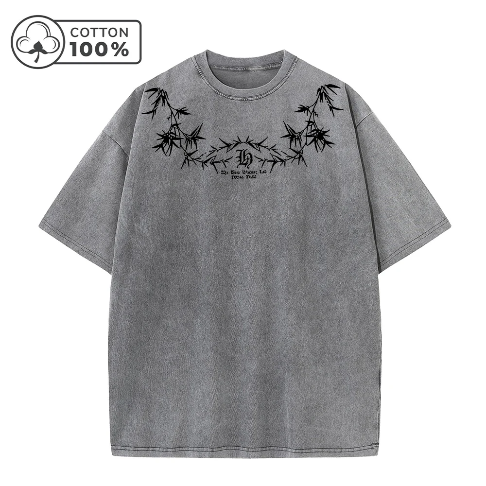 Men's Street Style Washed T-Shirt With Unique Bamboo Leaf Print Retro Pure Cotton Short Sleeve Top Casual Daily Commute