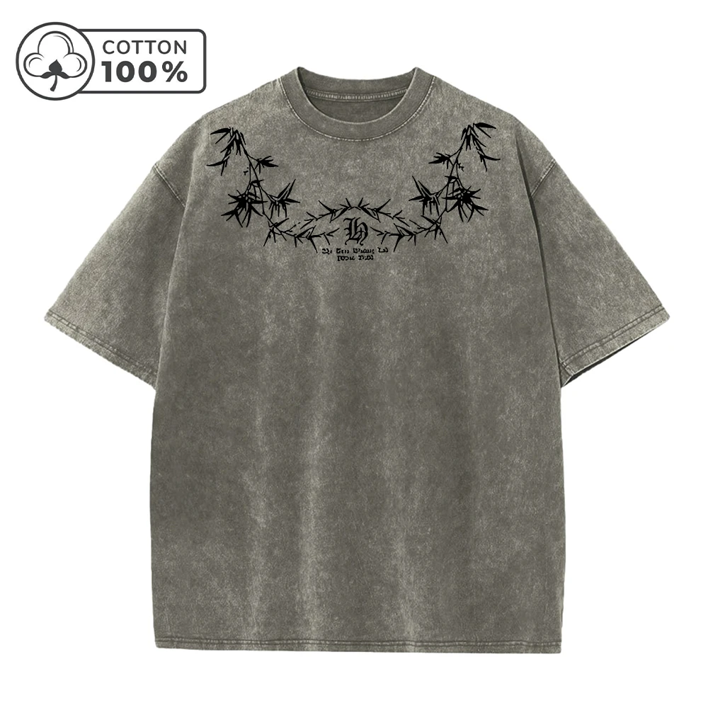 Men's Street Style Washed T-Shirt With Unique Bamboo Leaf Print Retro Pure Cotton Short Sleeve Top Casual Daily Commute