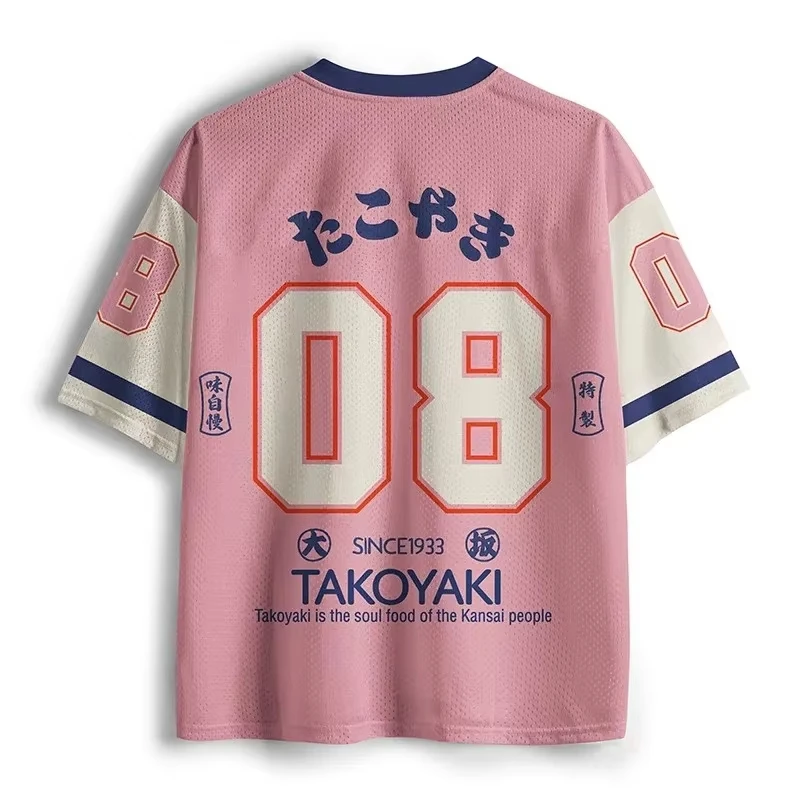 2026 Summer New Arrival Men's Pink White Japanese Octopus Print Mesh Jersey T-Shirt Casual Loose Fit Streetwear Tee for Kids